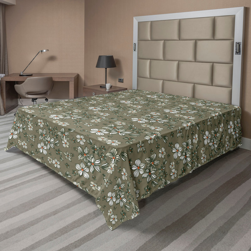 Drap plat à motif floral bohème Ambesonne, Drap plat pour très grand lit californien, Vert sauge, orange / floral