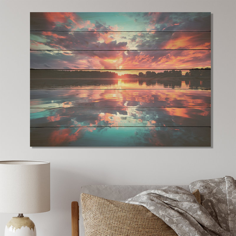 Horizon, coucher de soleil au bord du lac III - Lac sur bois, H 30 po x l 40 po x P 0,78 po