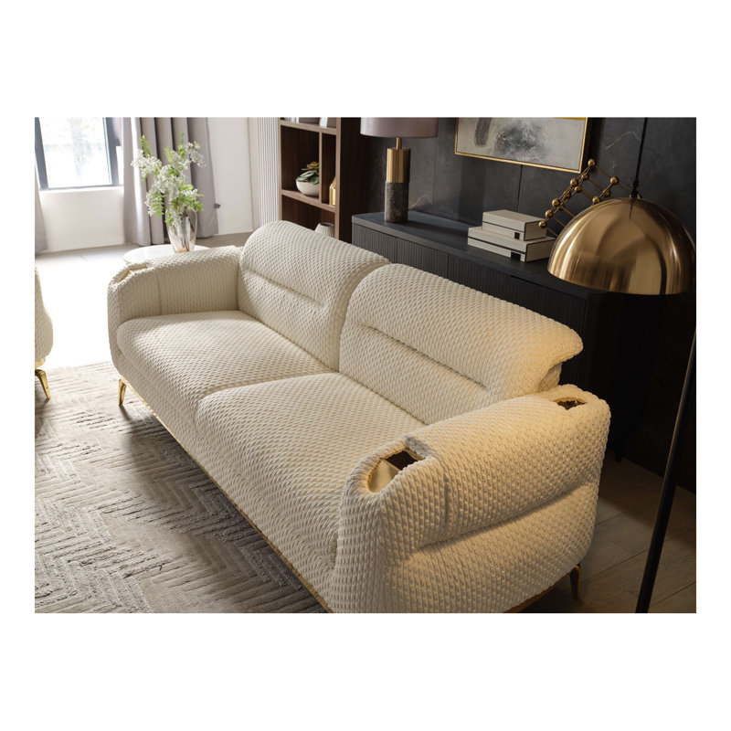 Canapé de style moderne Zoe en bois et accents dorés, Crème, crème