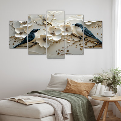 Birds Love Under A Gold White Orchid Tree Garden II - Cerisier en fleurs, ensemble d'art mural