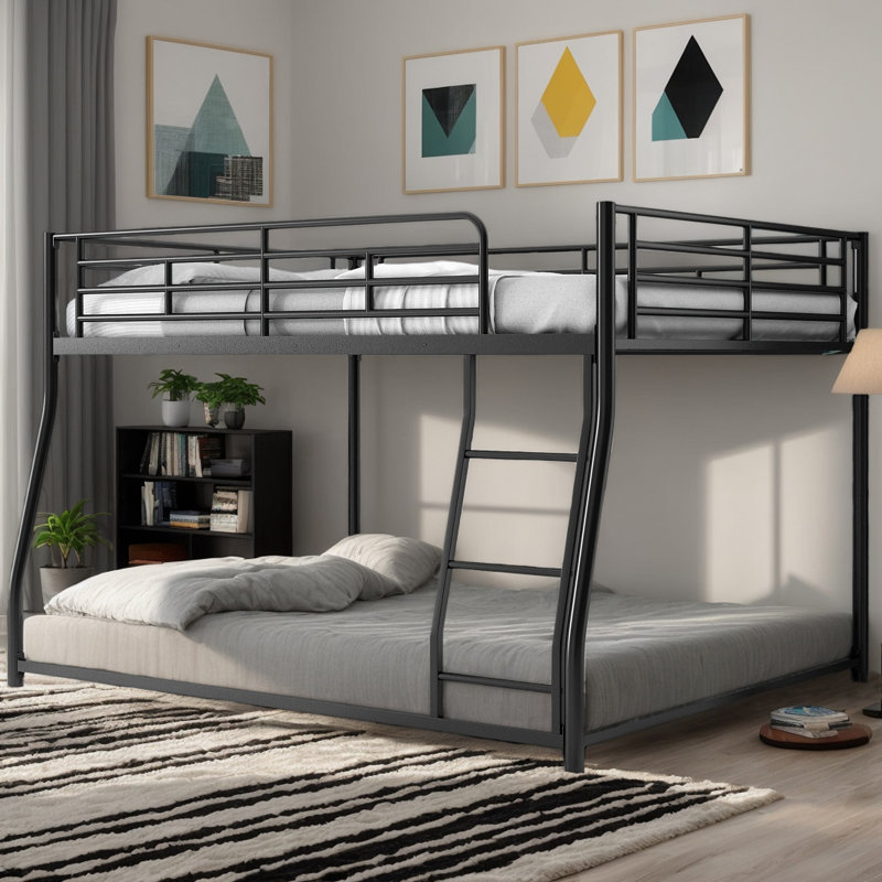 Full Xl Over Queen Bunk Bed, Metal Floor Bunk Beds For Bedroom, No Box Spring Needed, Space-Saving,  Black