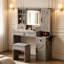 Coiffeuse de maquillage blanc Farmhouse, coiffeuse à miroir en verre coulissant avec station de charge et tabouret-133654427