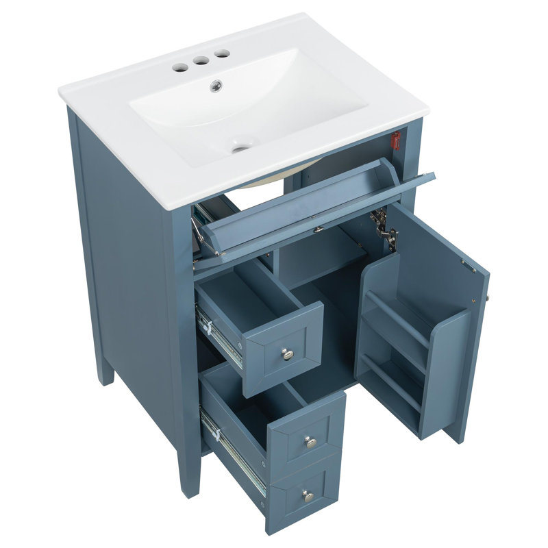 Meuble-lavabo de salle de bain avec lavabo en céramique, Bleu gris, 24