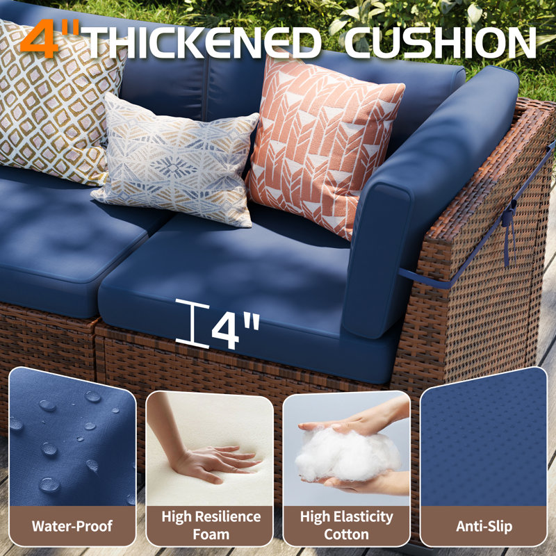 6 Person Rattan Sectional Seating Group With Cushions, Blue, No