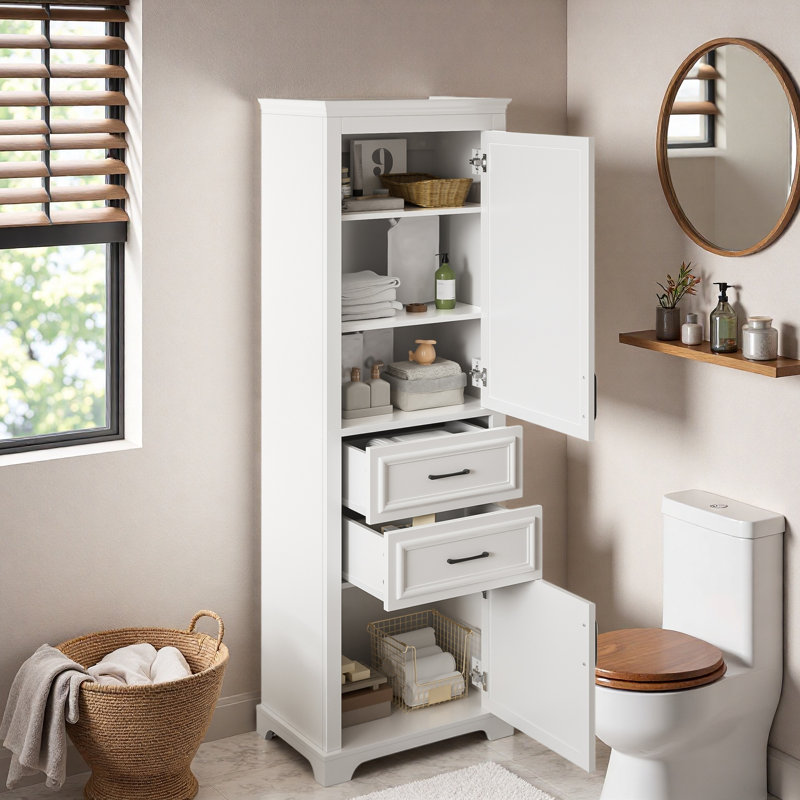 Grand rangement autoportant pour salle de bain avec 2 portes à charnières, 2 tiroirs, tablettes réglables et poignées noires Lron