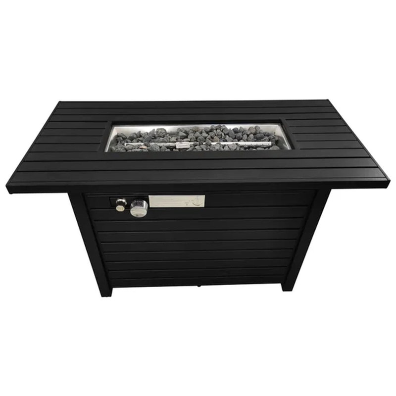 24" H Outdoor Steel Fireplace Table With Propane Burner - Black, Weather , Airy Slatted Base, Lid, Lava Rocks, Glass Fire Beads, Adjustable Flame, Patio Deck Safe Furniture Design, Cover, Heating Use