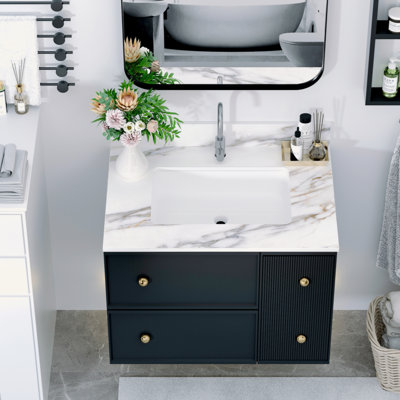 31 Inch Marble Vanity Top, Bathroom Vanity Top With Undermount Rectangular Middle Sink And 4" Height Backsplash, Pre-Drilled Faucet Hole  Vanity Top, Carrara White With Veins