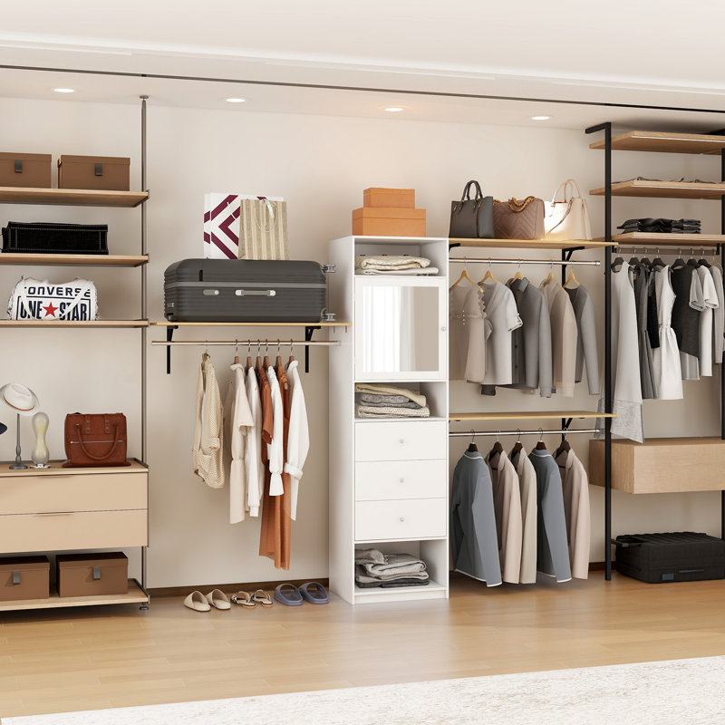 96'' Closet System With Drawers, 8Ft Closet Organizer System With Mirror Cabinet& 3 Shelving Towers