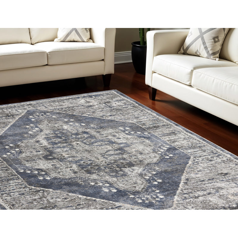 Tapis bleu 8 pi x 10 pi à motif floral tissé à la machine