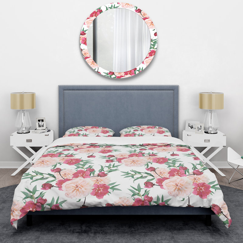 Roses roses et feuille verte - ensemble de housse de couette floral - microfibre de polyester