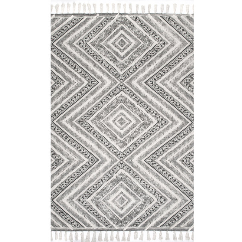 Tapis gris à tissage plat en coton fait main geometry Platte, Rectangle 5 pi x 8 pi