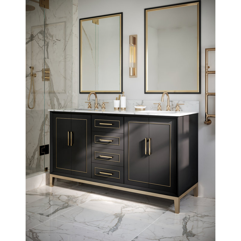 Gracie 60'' Double Bathroom Vanity with Top, Midnight Black, Carrara Marble