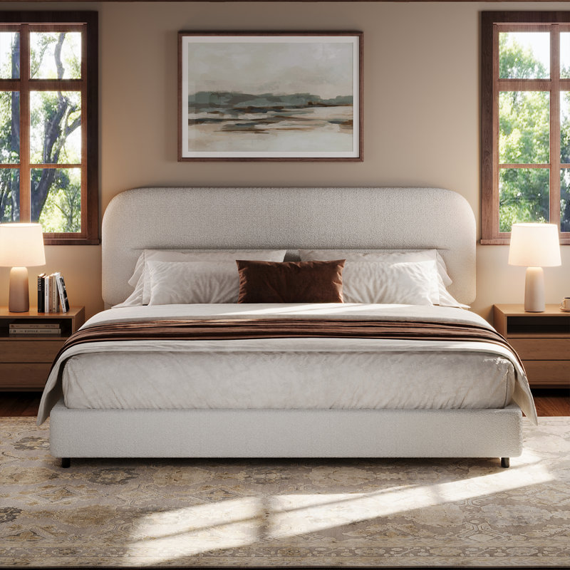 Base de lit plateforme Manfrid, collection Cloud avec revêtement Boucle et tête de lit arrondie, pied de lit épaissi, Blanc