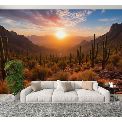Peel and Stick Wallpaper Sunset Desert Landscape Cactus Mountain View Wall Murals 100"H x 144"W Removable PVC Wall Paper Self-Adhesive Wall Decor for Bedroom Living Room Home Office