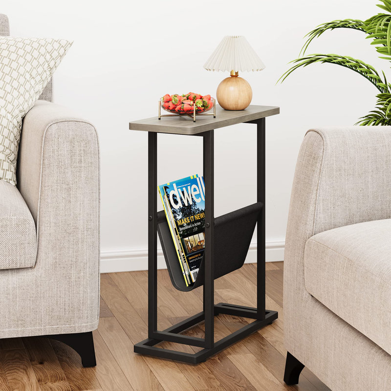 Side Table For Small Spaces, Slim Bedside Table With Storage Holder, Grey