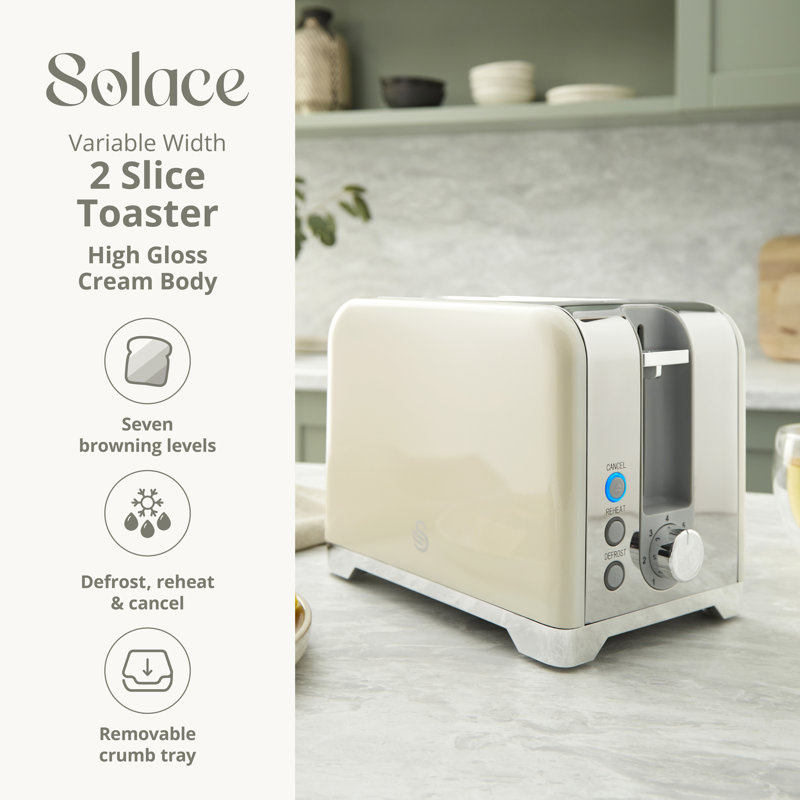 Swan  Solace 2 Slice Toaster, Premium High Gloss Finish, 7 Browning Levels, Defrost, Reheat and Cancel Functions, Non-Slip Feet, Self-Centring Function, 930W