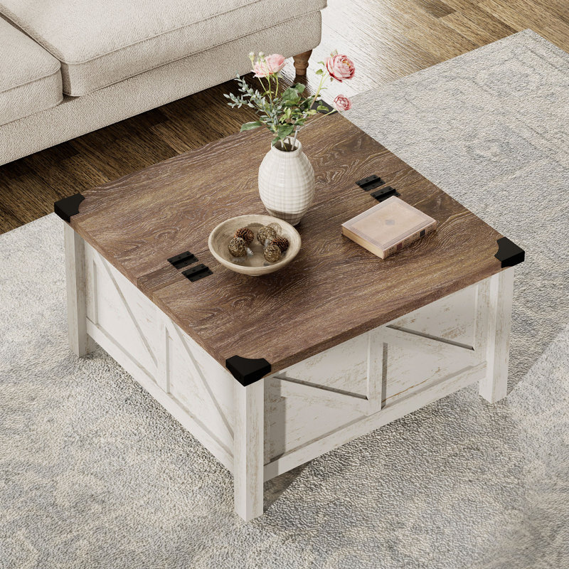 Glenford Farmhouse Square Storage Coffee Table, Brown Wood