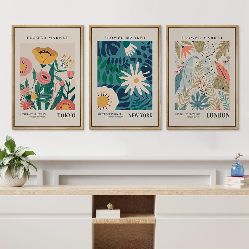Classical Artwork NYC London Colorful Flower Market Abstract Floral & Botanical Framed Canvas 3 Pieces Print Wall Art
