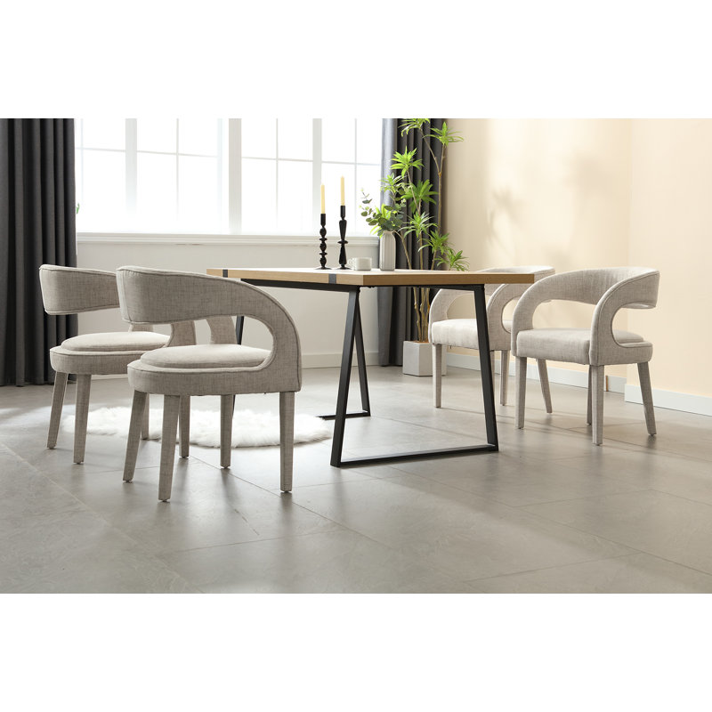 Beige Linen Upholstered Arm Chairs with Wood Legs, Set of 2