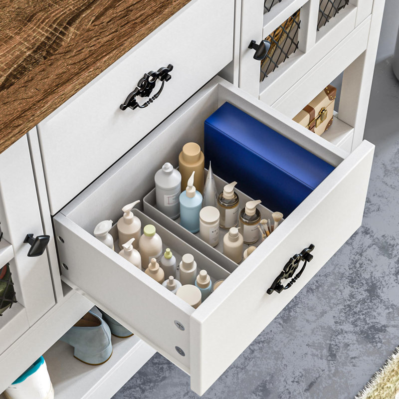 Entryway Table with 2 Drawers, 47" Farmhouse Console Tables with Charging Station, 2 Doors and Adjustable Shelf, White