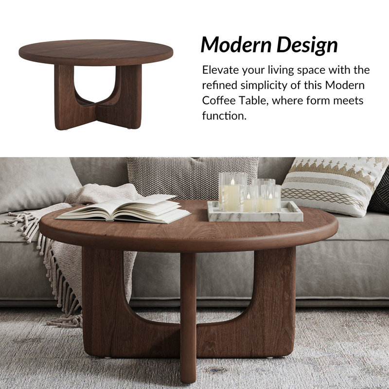Gala 36" W Modern Round Oak Veneer Coffee Table With Solid Wood Legs, Walnut