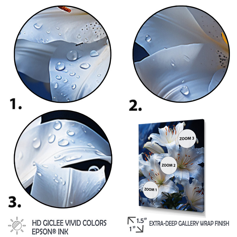 Fleurs sérénité en blanc - Impression sur toile, Cadre flottant blanc, H 20 po x l 12 po x P 1 po