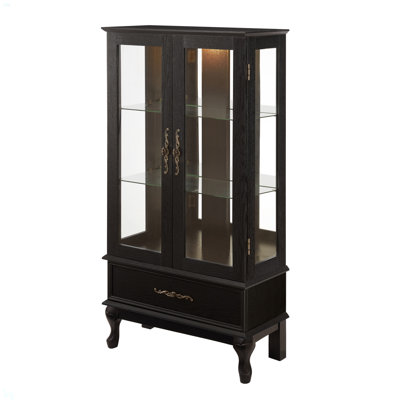 Lighted Curio Cabinet With Glass Doors And Adjustable Shelves 2 Door Wine Cabinet Display Curio Cabinet With LED Lights Light Black Finish And Drawer For Home Decor And Storage