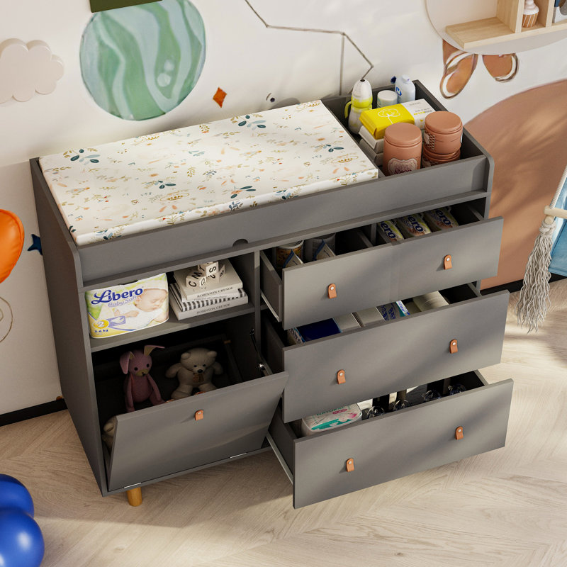 Commode à langer avec 4 tiroirs Stroman, Gris