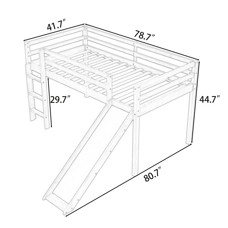 Twin Wood Low Loft Bed With Built-In Ladder And Slide, Natural