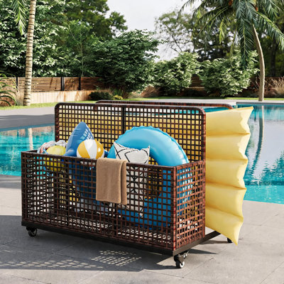 Panier de rangement pour bouées de piscine avec roulettes – Panier de rangement extérieur en rotin tressé et jouets pour piscine, terrasse et patio, en rotin en PE résistant aux intempéries, brun mélangé