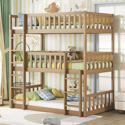 Triple Rubber Wood Bunk Bed,With Ladders, Guardrails Detachable Bunk Bed,Natural