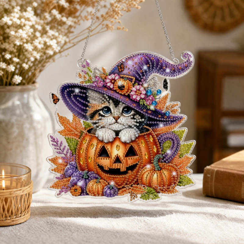 Décoration d'Halloween : Ornement suspendu en broderie diamant à faire soi-même, à suspendre à une fenêtre ou à un mur., WHC