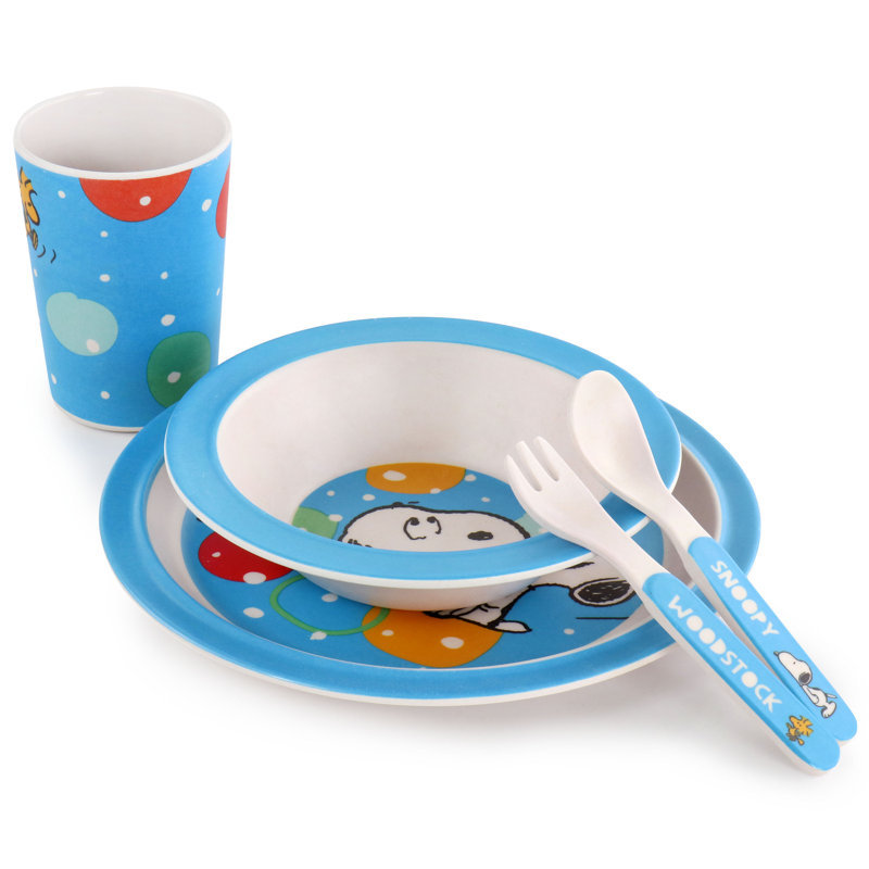 Peanuts Fun Times 5 Piece Kid's Bamboo Melamine Dinnerware Set In Blue