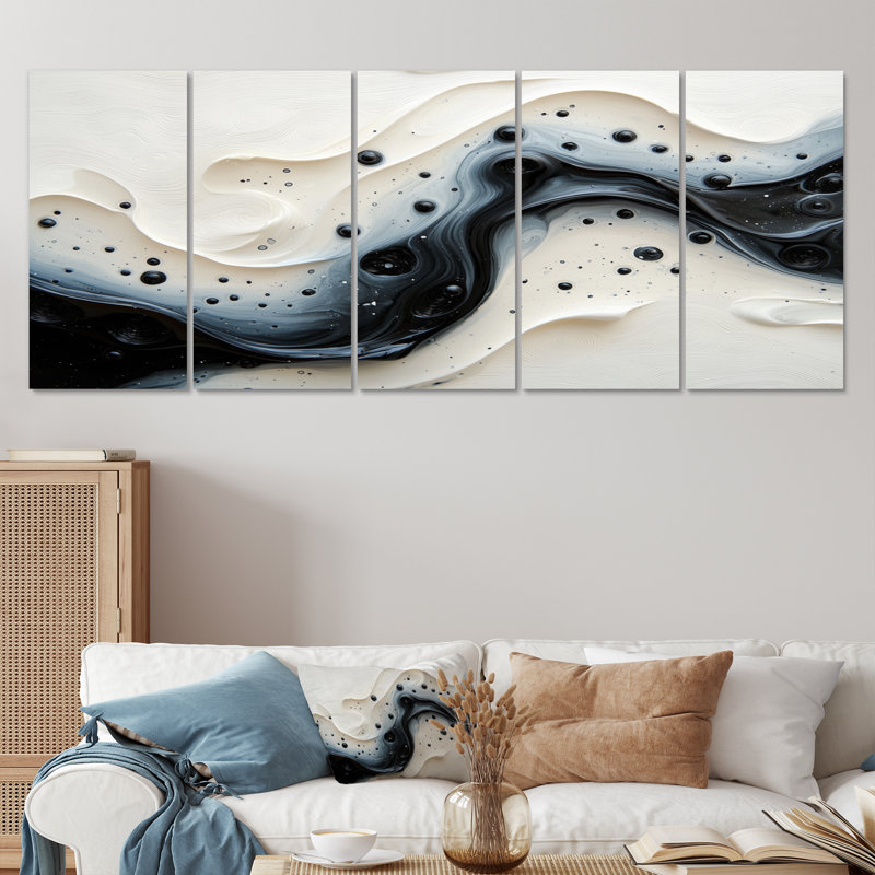 Vague noire et blanche, rivière rythmique VI - goutte d'eau, décoration murale - art mural moderne, H 28 po x l 60 po, 5