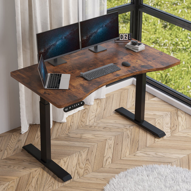 Latysha Dual Motor Electric Height Adjustable Curved Standing Desk, Brown/Black, 45" H x 55" W x 30" D