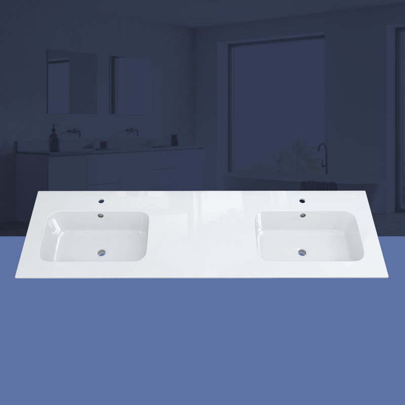 72 Inch Solid Surface Double Sink Vanity Top, Slim 0.56" Thick Countertop, Bright White Modern Design, Lightweight & Easy Install