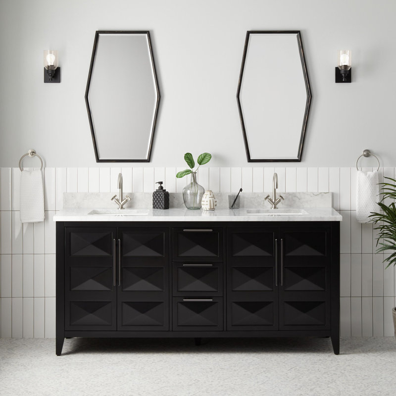 72" Holmesdale Vanity With Rectangular Undermount Sinks, Carrara Marble, Black, Single-Hole