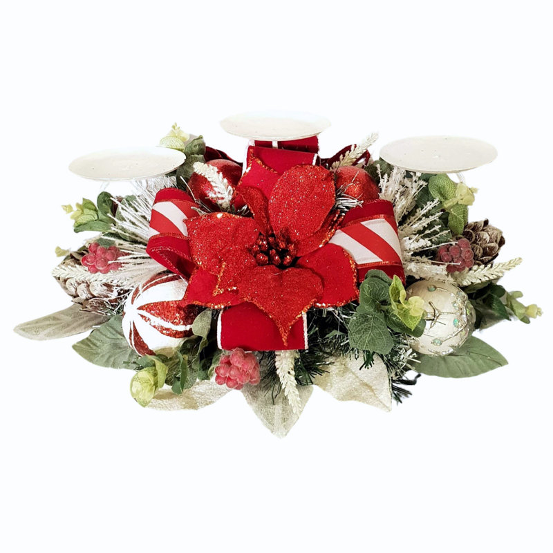 Frosted Red Poinsettia Tabletop Candelabra