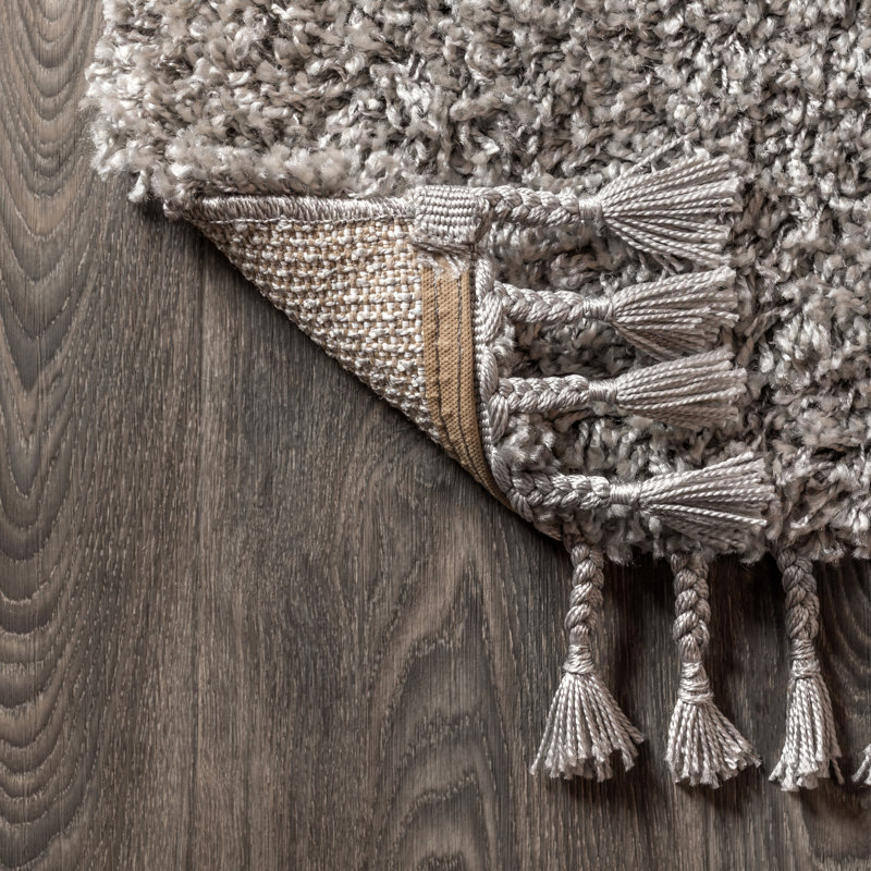 Tapis gris à poil long et pampilles Felicdad, Rectangle 7 pi 9 po x 10 pi