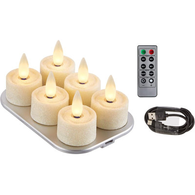 CozierGlow Rechargeable Real Wax Flameless Tealight Candles, 360° 3D Moving Flickering Flame, Type-C Charging Base, Remote & Multi-Hour Timer, Glitter Ivory 1.4''W × 1''H, Set of 6