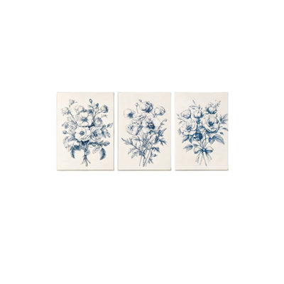 3 pièces, reproduction d'art sur toile encadrée de fleurs botaniques rétro, bleu et blanc, motif de fleurs chinoises, 24 L x 16 l