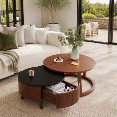 Vintage Round Nesting Coffee Table Fluted with Drawer in Black & Walnut in 31.5''
