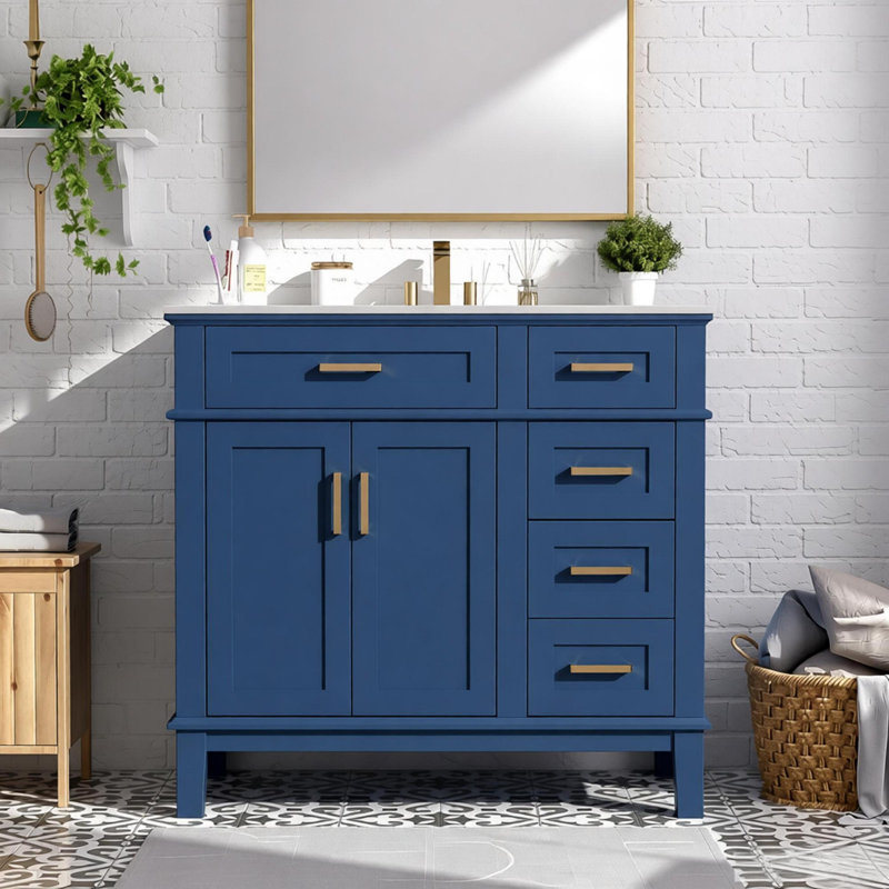 36" Modern Bathroom Vanity with Ceramic Sink, Soft-Close Door, and 4 Storage Drawers, Navy Blue