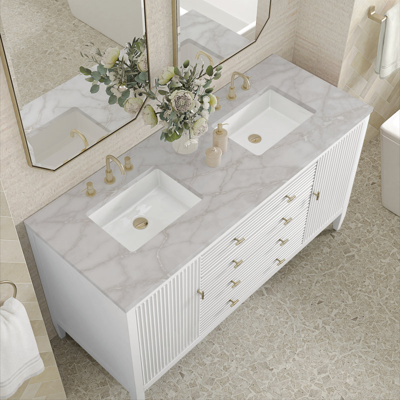 Myrrin 60'' W Double Vanity, Victorian Silver Silestone, Bright White, 8" Widespread