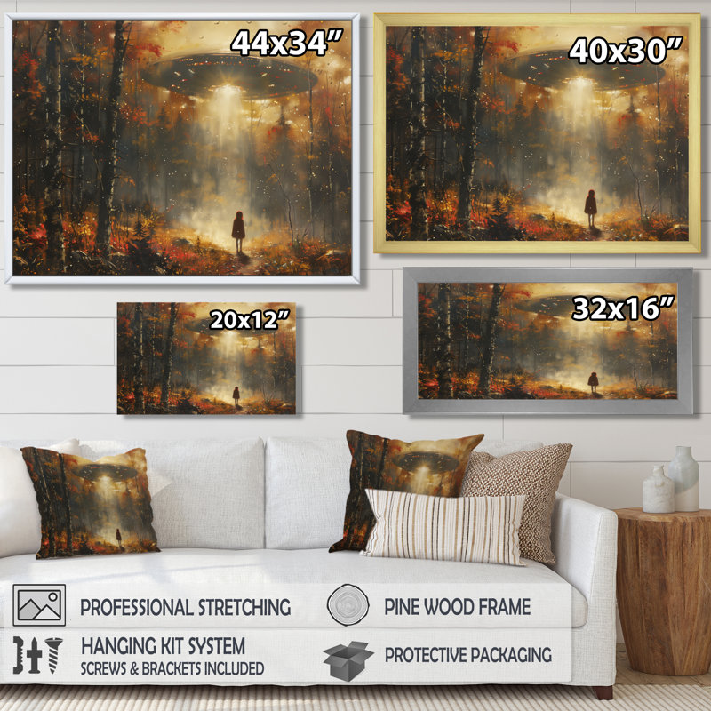 Rêve d'extraterrestres bruns gris et brun - OVNIS, art mural, H 12 po x l 20 po x P 1 po, Cadre simple noir, bois massif