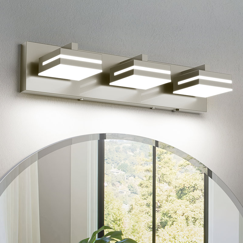 Luminaire de salle de bain moderne à DEL à intensité variable sur miroir 5CCT, Nickel brossé, Trois lumières