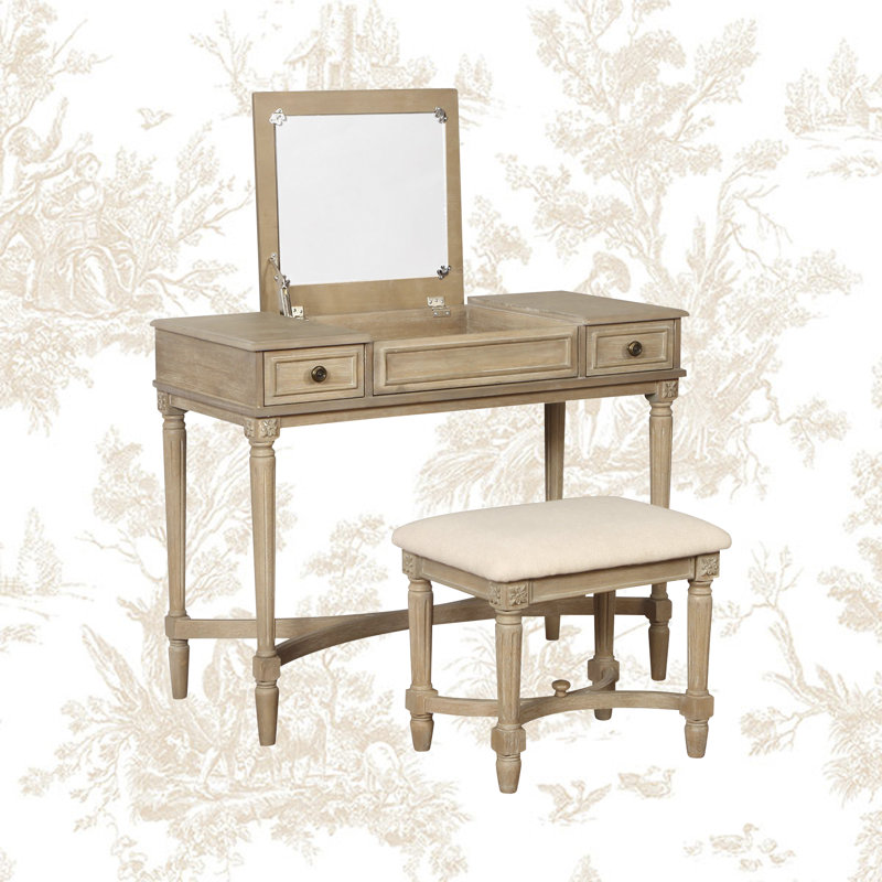 June Natural Two Drawer Flip Top Vanity Set with Stool