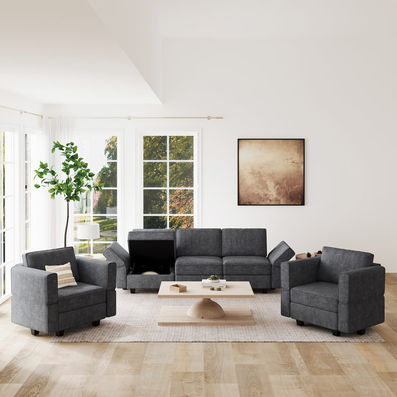 Ensemble de canapé modulaire en mélange de polyester 3 pièces Kimbrel, Gris foncé