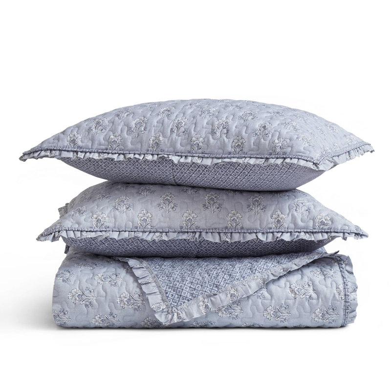 3-Piece Queen 3 Piece Ruffle Printed Quilt Set,Blue