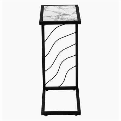 Accent Table, C-Shaped, End, Side, Snack, White Marble Look Laminate, Black Metal